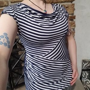 Navy Blue White Striped Flowy Tshirt Blouse